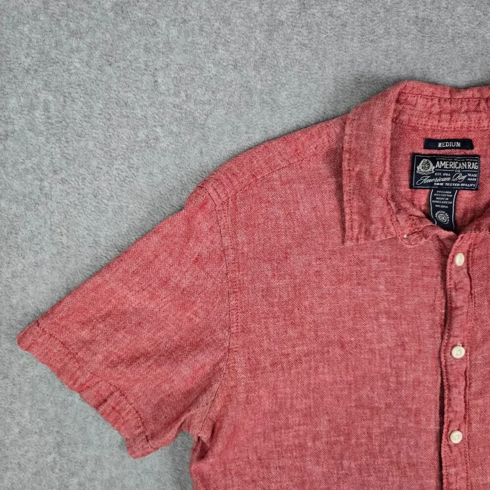 American Rag Cie Mens Medium Red Linen Blend Short Sleeve Button Down Shirt - Picture 3 of 12